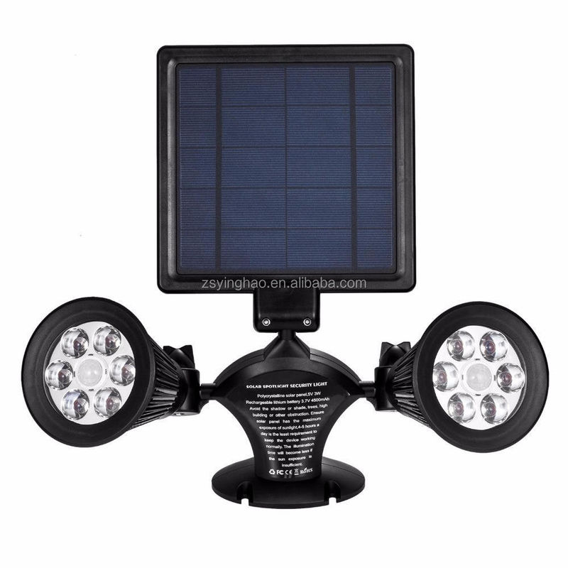 Zonne-energie-aangedreven dubbele kop geüpgraded dubbele schijnwerpers 12 LED buitentuin licht